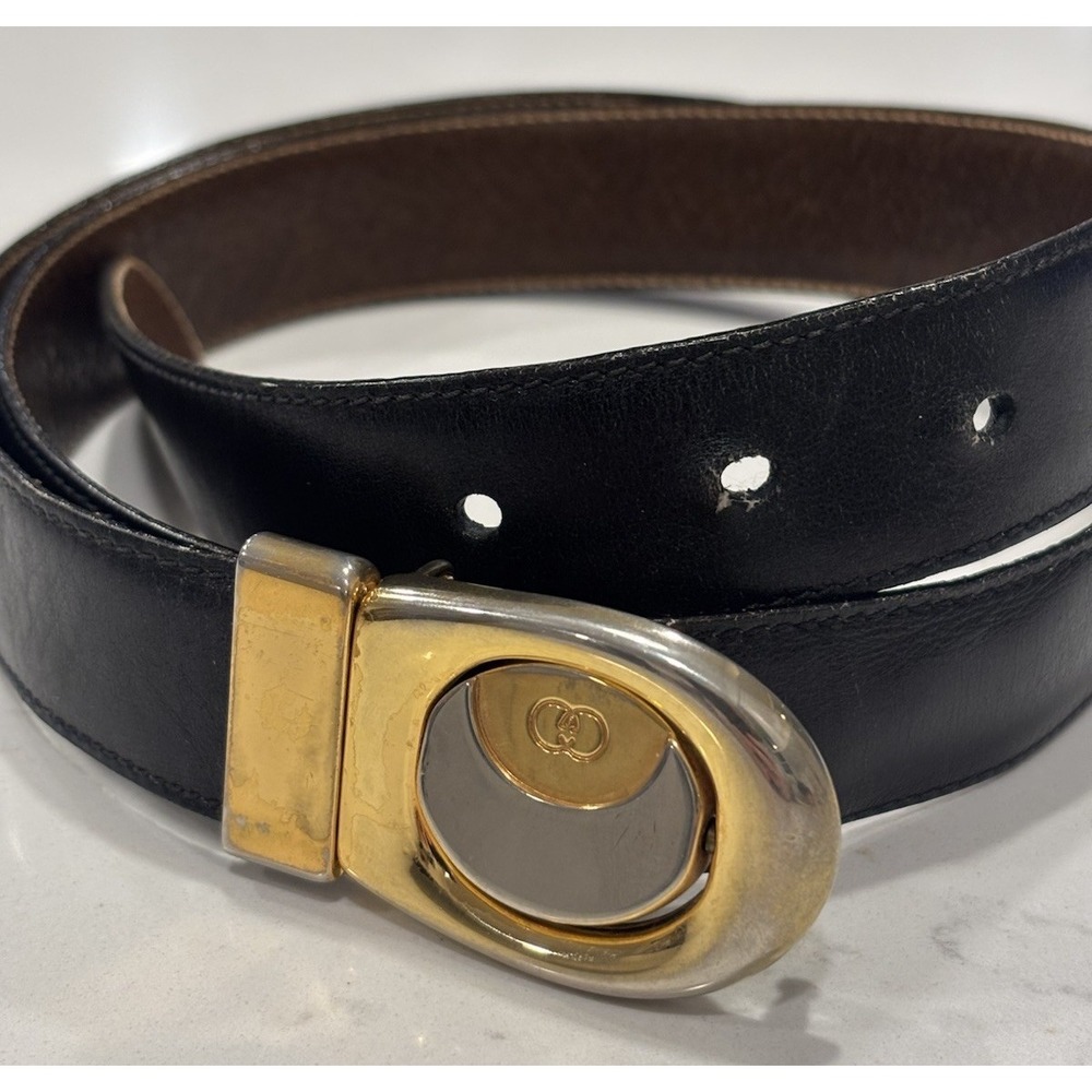 Vintage GUCCI reversible logo black brown leather belt oval estimated size 34‎